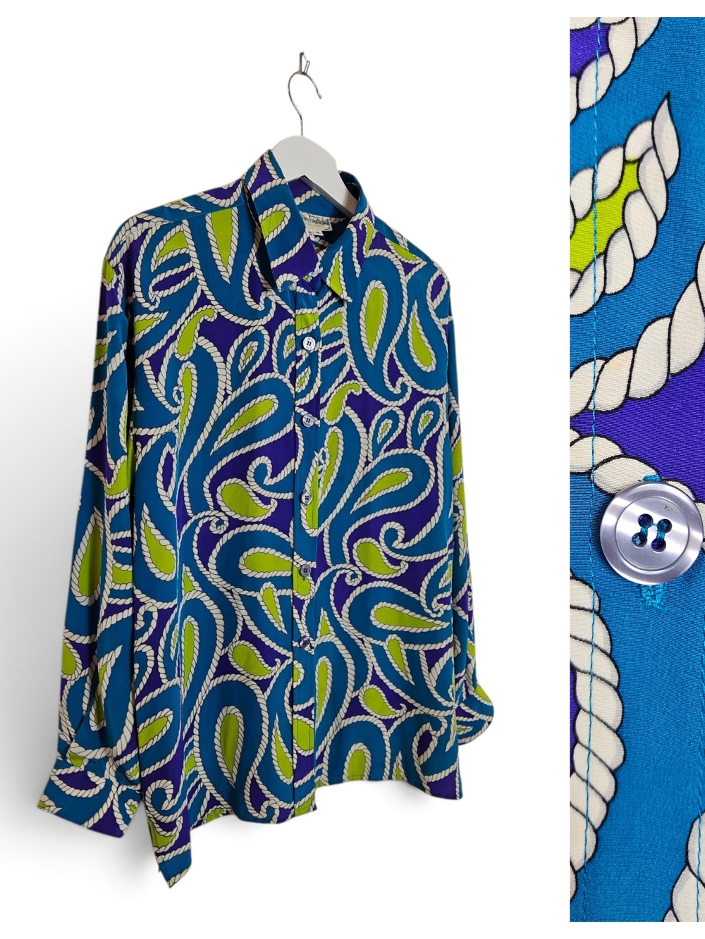 Vintage Diane von Furstenberg Silk Blouse M Nautical Paisley Rope Blue Green 90s